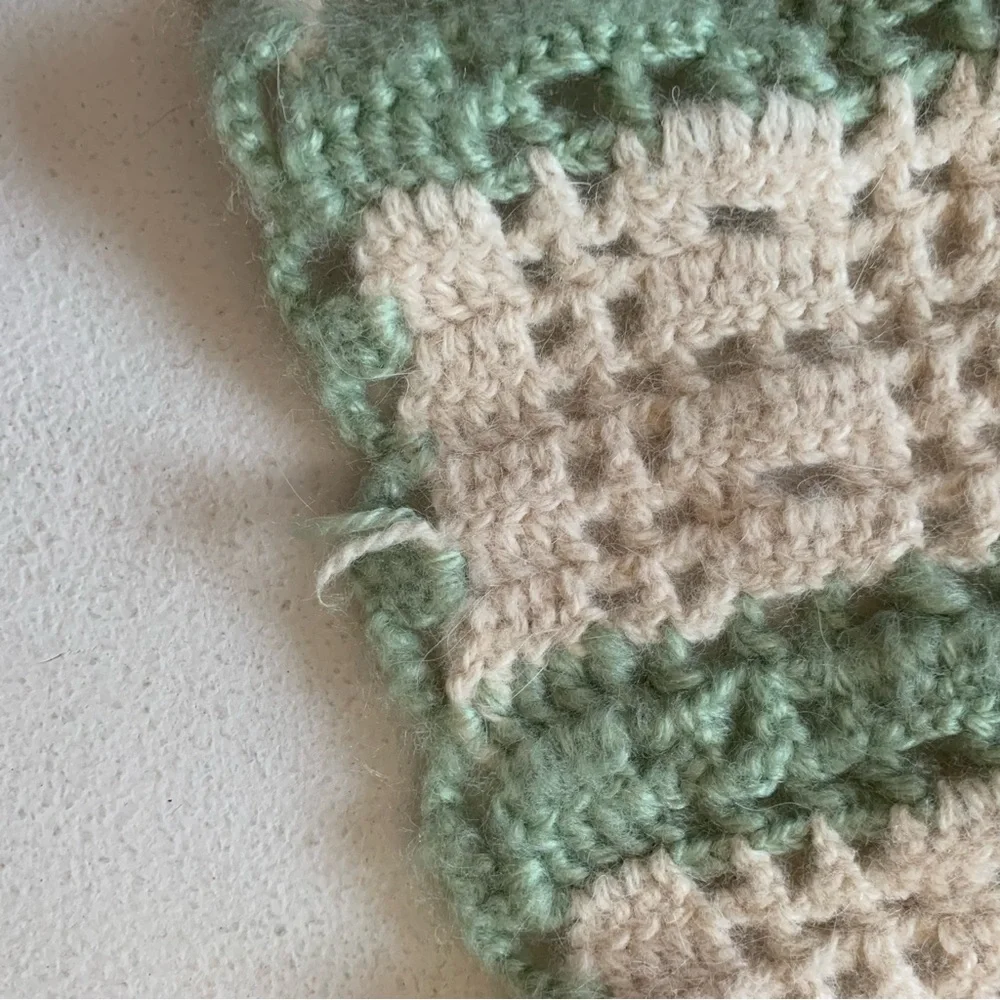 Vintage Handmade Crochet Knit Afghan Throw Blanket Green Cream Tan